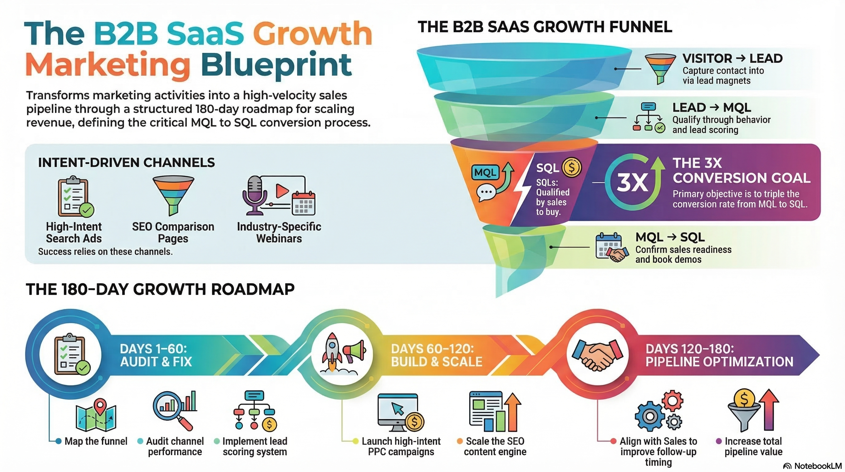 B2B SaaS growth funnel showing visitor to MQL to SQL conversion strategy and revenue pipeline framework
